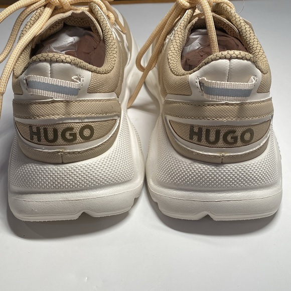 NWOT Hugo Women’s Runners Size 37 Fits 7 Leon Trainers Lace Ups Tan Cream Fabric - Picture 4 of 13